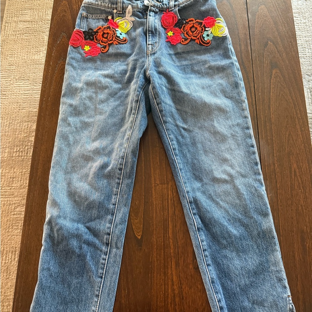 Christopher Kane Jeans with Multicolor Floral Embroidered Patches
